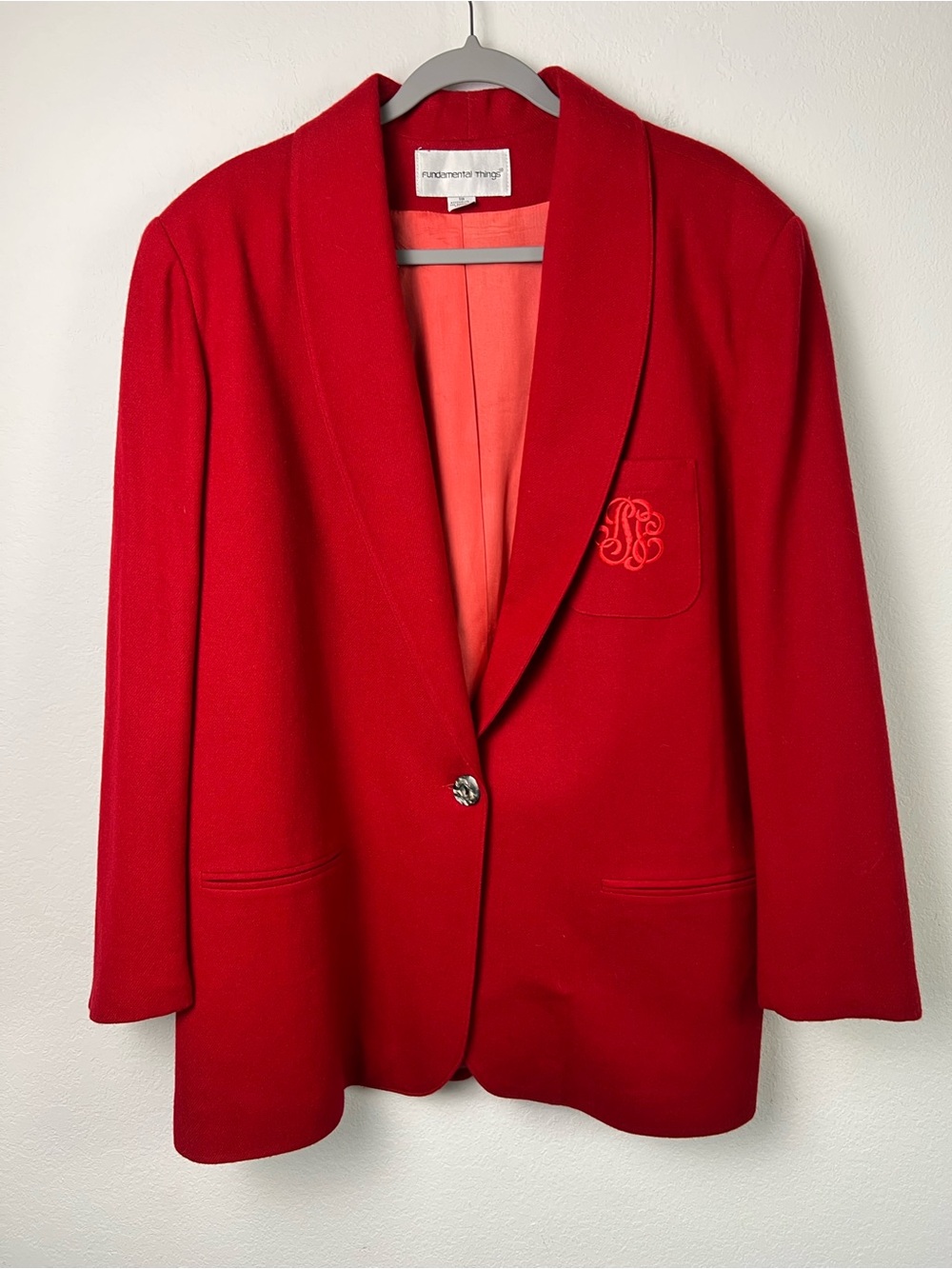 Vintage Fundamental Things Classic Red Wool Blazer with Embroidered Monogram